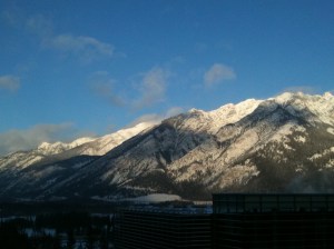 view out of the window of the restaurant at the Banff Centre